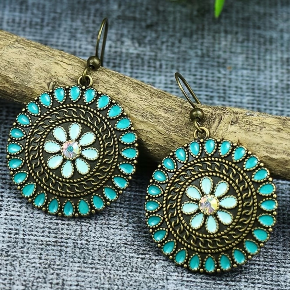 Bohemian Vintage Style Turquoise Rhinestone Fishhook Earrings